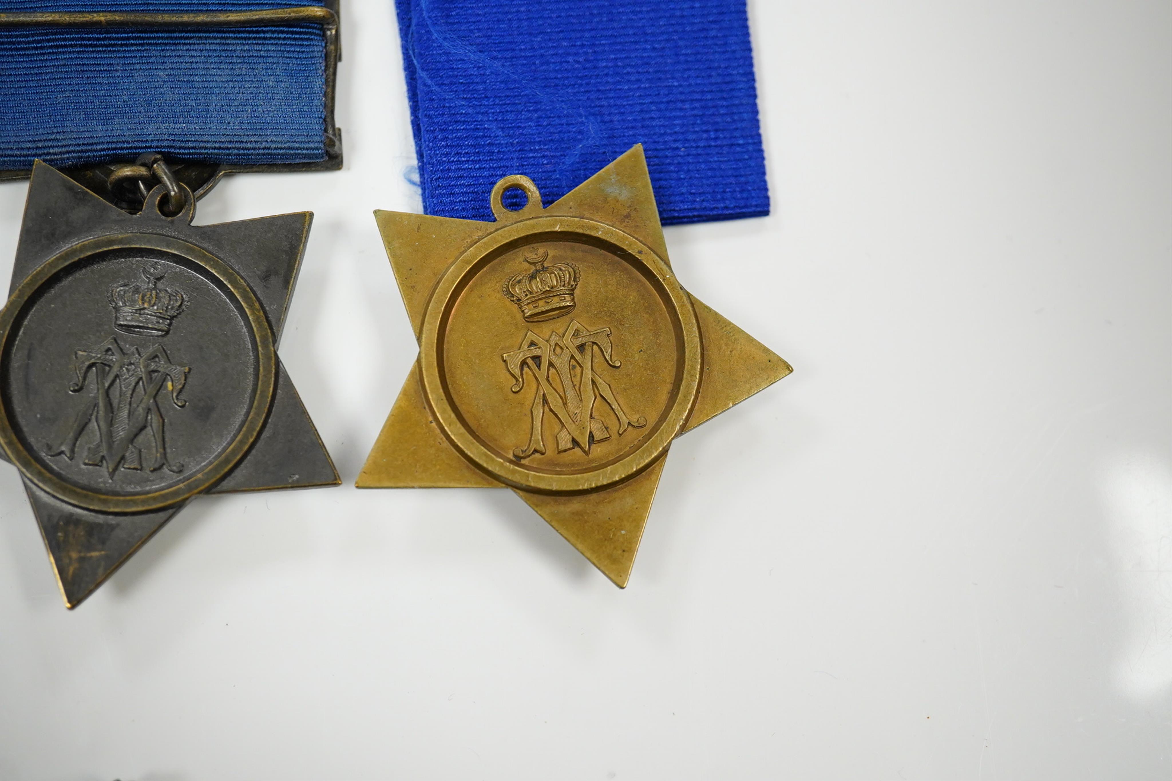 Five replica medals; Khedive's Star 1882, another undated with clasp and a third, 1884 lacking bar, Canada General Service with Fentan Raid 1866 clasp and South Africa medal with 1877-8-9 clasp and a spare 1877 clasp.